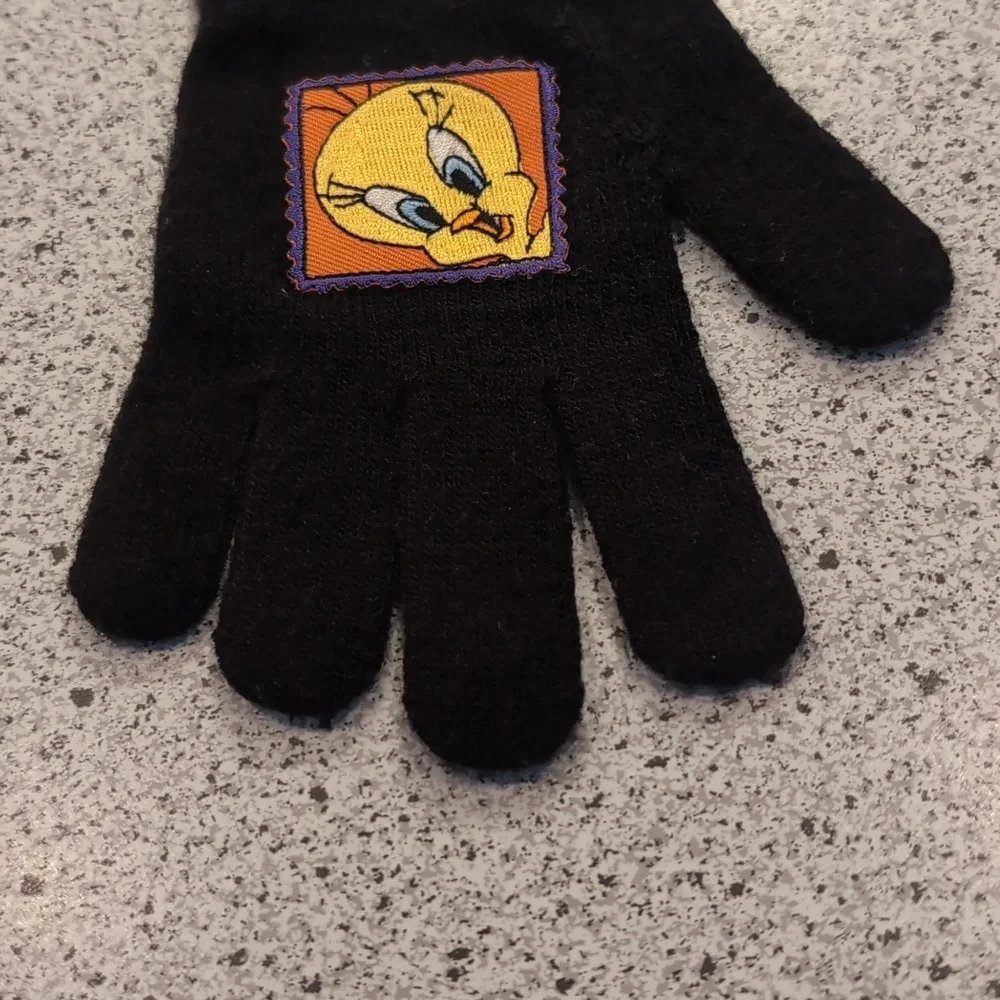 Vintage 1999 Kids Tweety Bird Looney Tunes Black Winter Gloves